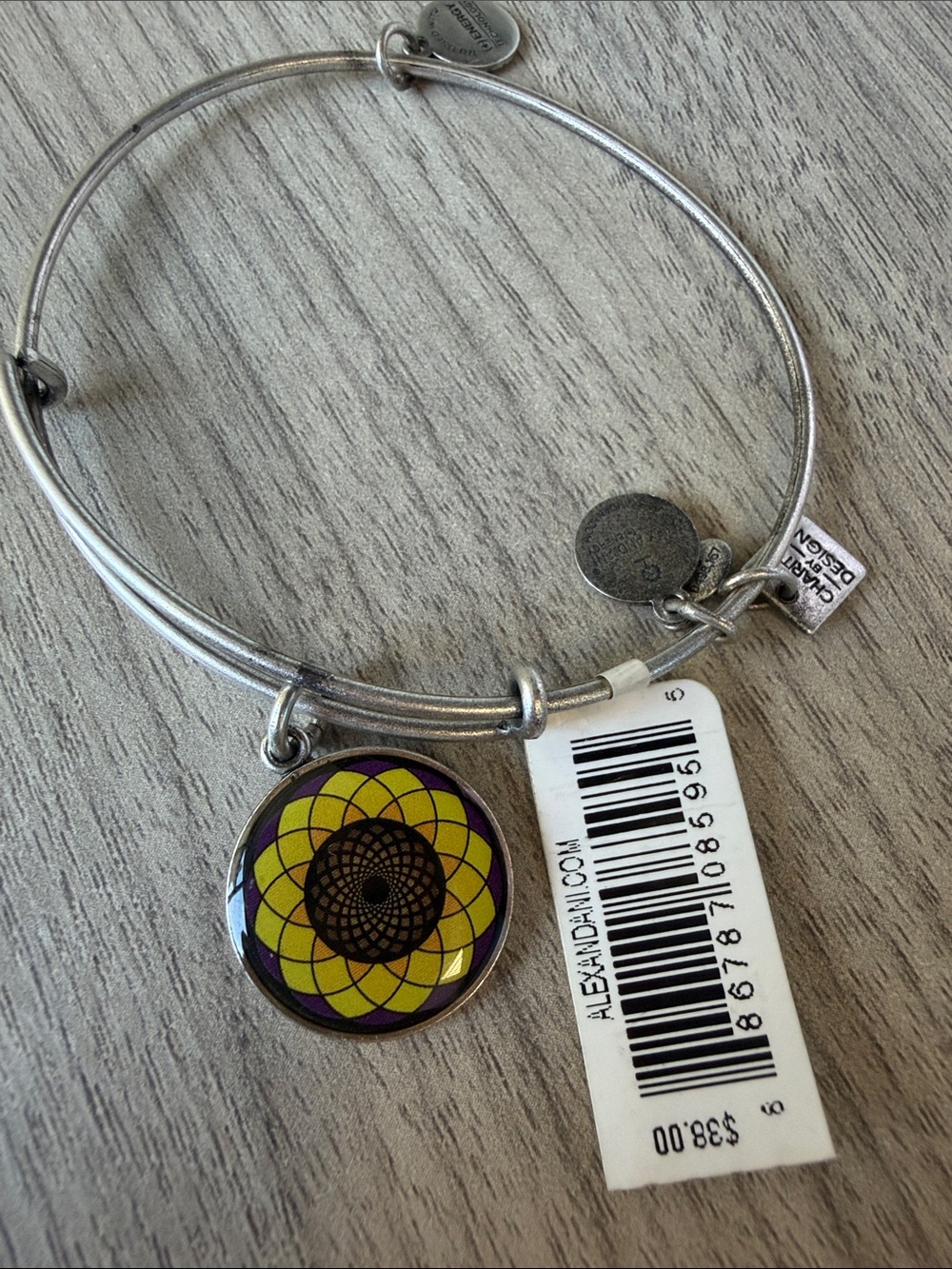 Alex and Ani Silver Bangle with Yellow and Purple Mandala Charm